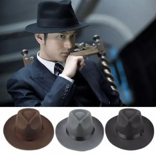 New Vintage Hip Hop Jazz Caps Hippie Unisex Men Black&Grey Jazz Wool Trilby Bowler Fedora Panama Hat Gangster Cap