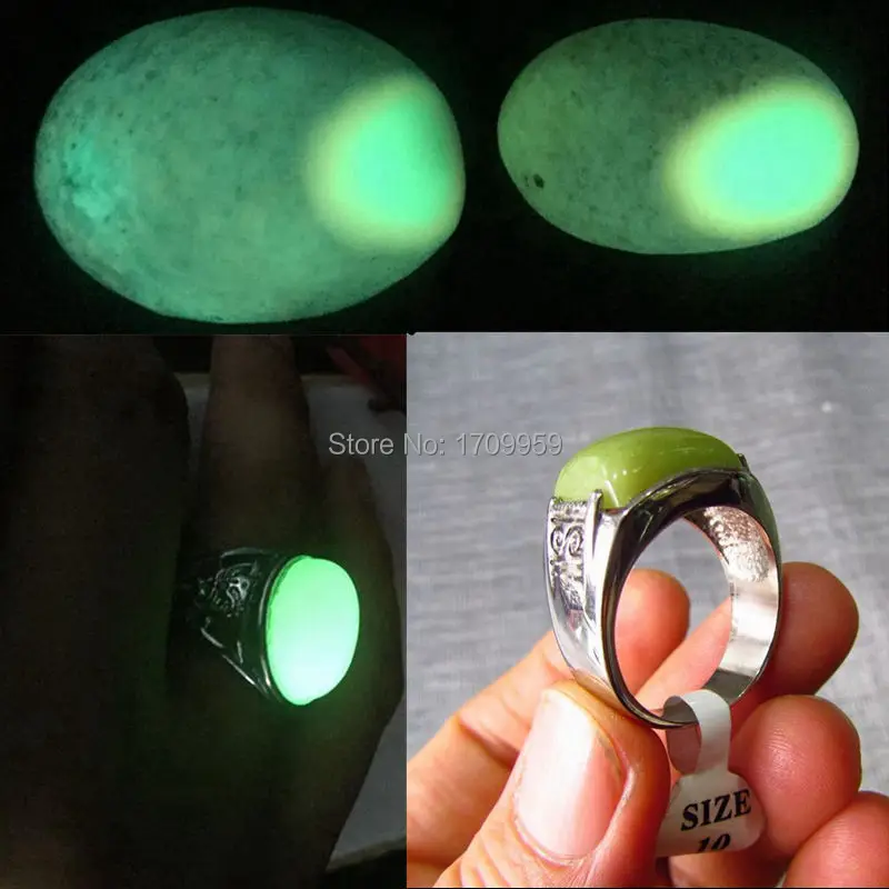 Natural Fluorite Ring Night-luminous oblong Real Gemstone Bright Ring Shine 10*Size*Free Gift Box