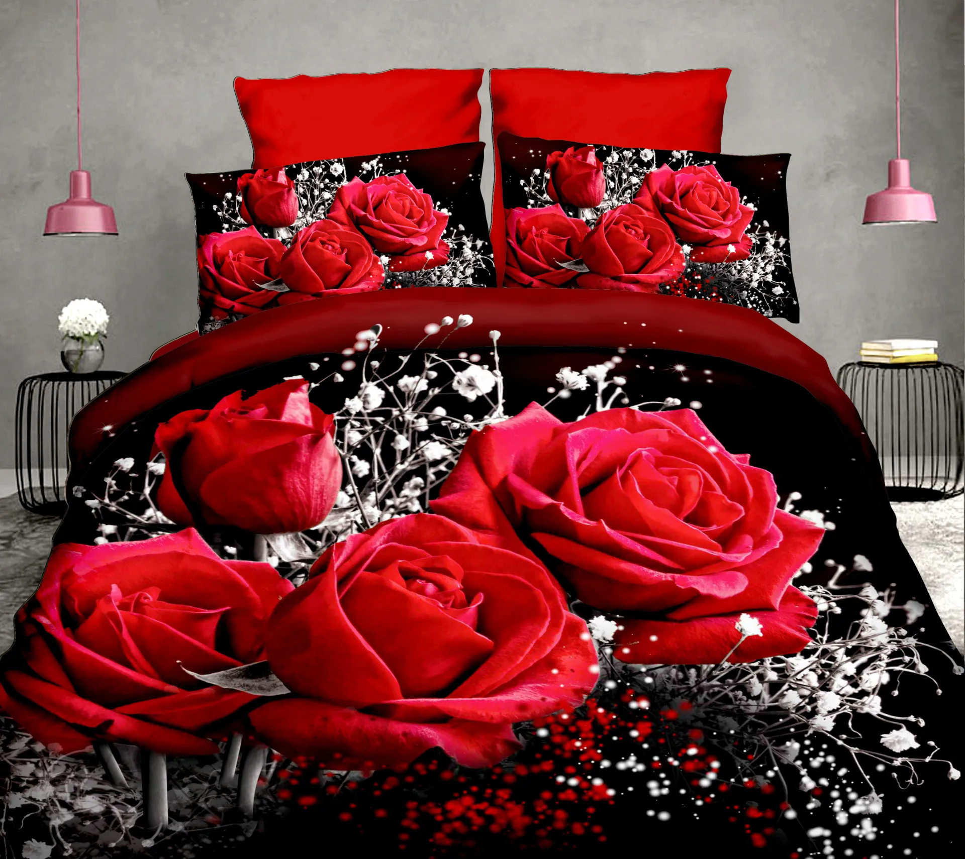 

4pcs Cotton 3D Rose Bedding Sets High Quality Soft Duvet Cover Bedsheet Pillowcase Reactive Printe 50 Bedclothes Queen Bed Linen