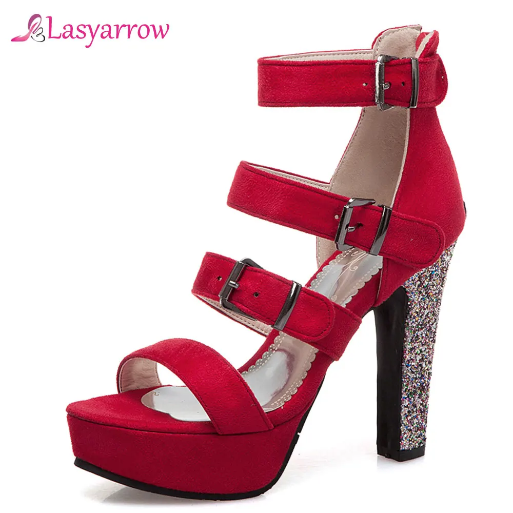 Lasyarrow 2019 Crystal Glitter High Heel Buckle Strap Gladiator Sandals Women Platform Summer Platform Shoes Woman Pink Red J729