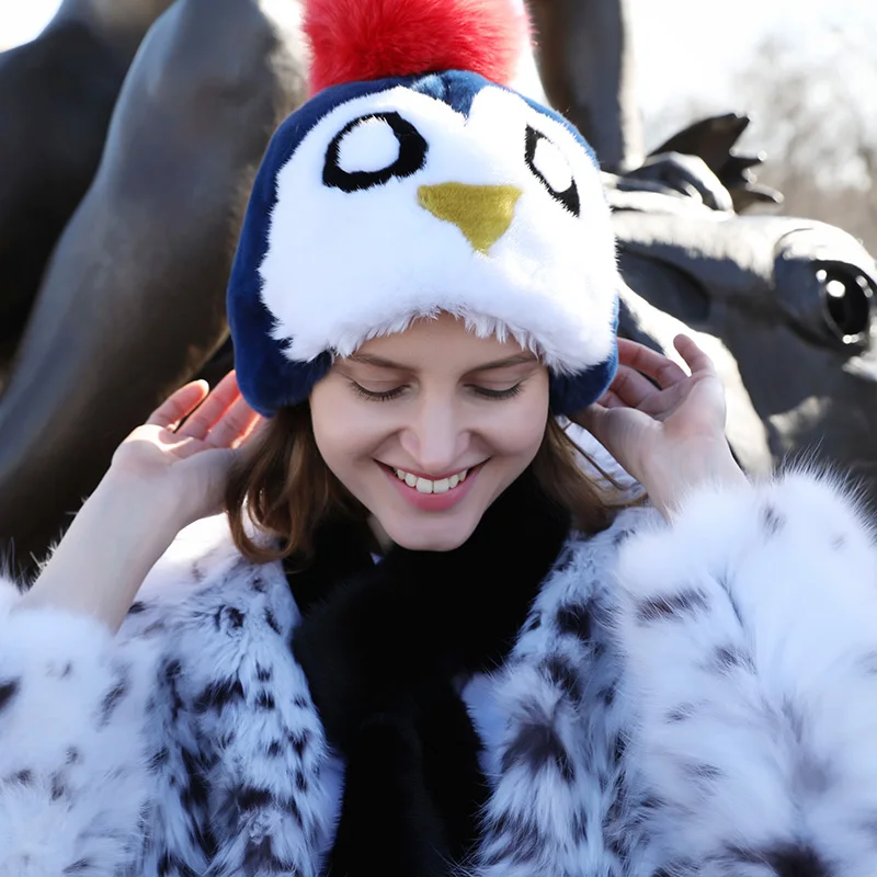 ladies kids penguin shape beanie with fur pompom cute winter warm hats for women winter real rex rabbit fur caps adjustable H248