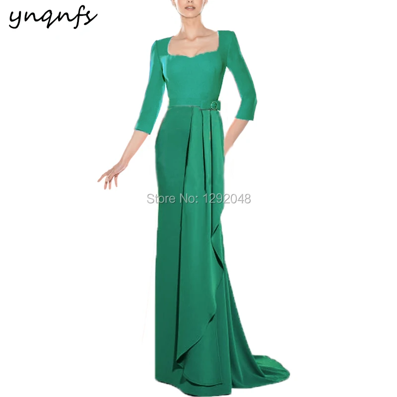 

YNQNFS Elegant Chiffon 3/4 Sleeve Robe Cocktail Long Mother of Bride Formal Dress Green Party Gown Wedding Guest Wear فساتين الس