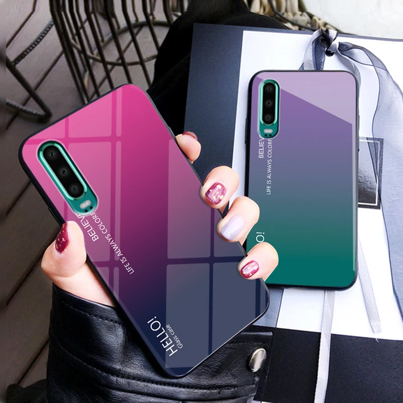 For Huawei P30 ELE L29 L09 Case Tempered Glass Gradient Color Back Cover for Huawei P30 ELE-L29 ELE-L09 Soft TPU Bumper Case