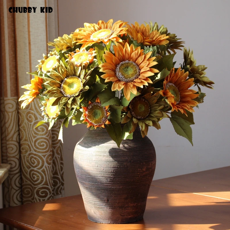 1 bouquet ! high quality vintage artificial Sunflower oil painting fake helianthus flower wedding decorative silk flower bouquet