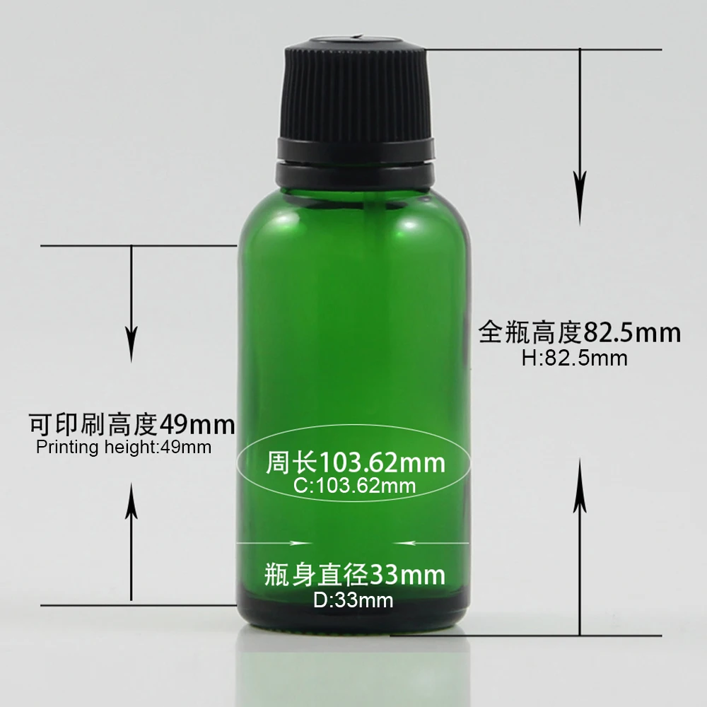 

Green Glass bottle 1 0z essential oil makeup dropper bottle with black screw cap and stopper