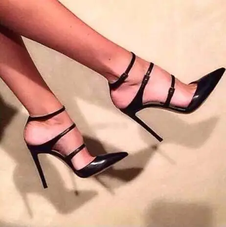 

Classical Thin Buckles Ladies Slingback High Heels Black Smooth Leather Gladiator Dress Shoes Sexy Pointed Toe Woman Pumps