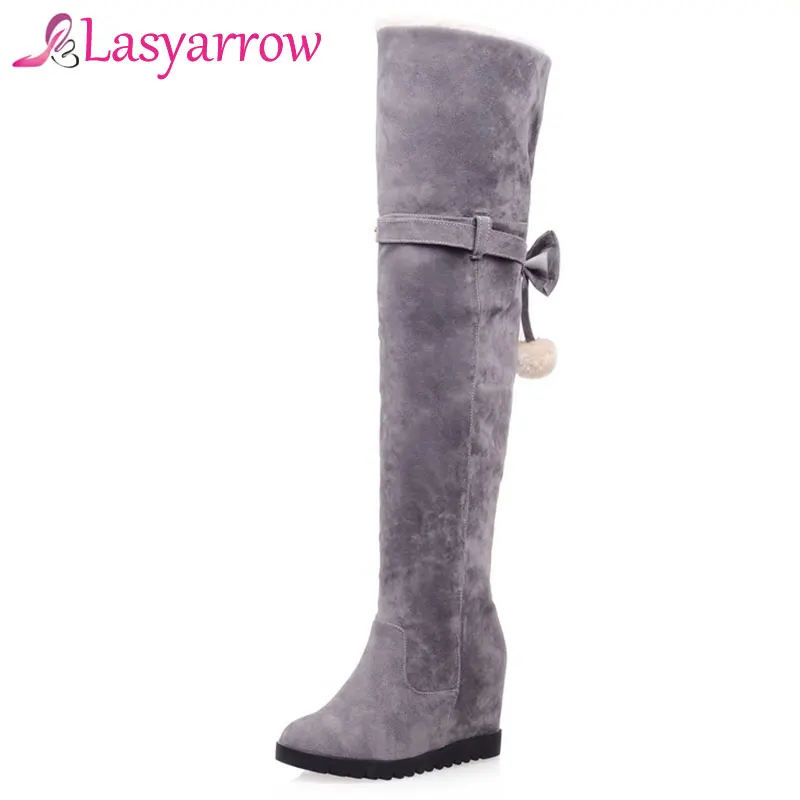 Lasyarrow Women\'s Thigh High Boots Ladies Footwear Height Increasing Round Platform Winter Snow Boots Fashion Over the Knee Boot