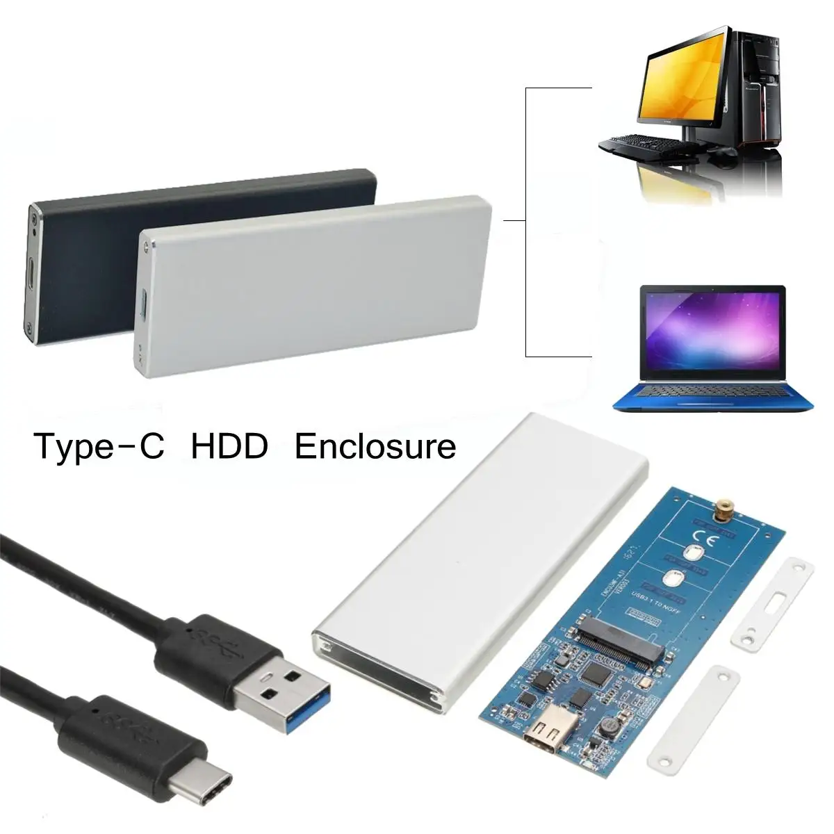 

2.5" USB 3.1 Type-C to M.2 NGFF B Key PCI-E 5G 2260 2 Lane NGFF SSD HDD Enclosure External Storage