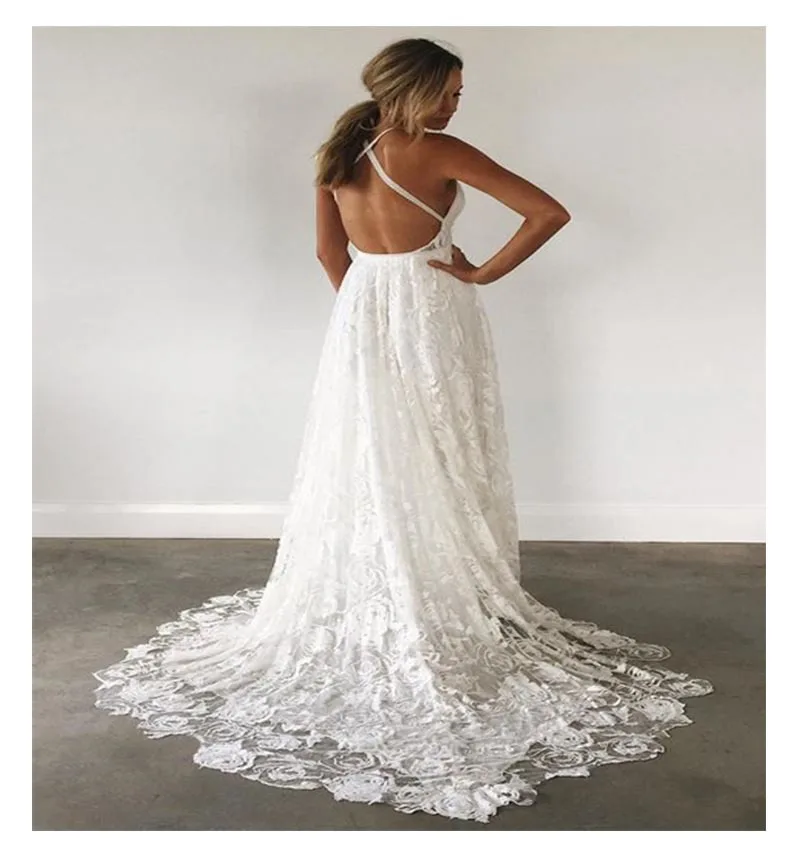 Lorie Halter Kant Strand Trouwjurk 2019 Elegant EEN Line Backless Floor Lengte Wit Ivoor Kant Chiffon Met Sashe Bridal gown