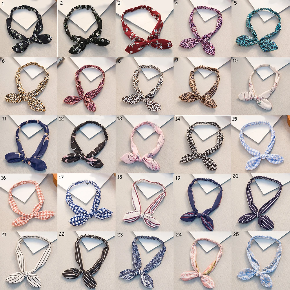 Retro Women Rabbit Ear Printing Headband Bowknot Elastic Iron Wire Hair Bands Leopard Floral Scrunchie Hair Accessories Headwrap