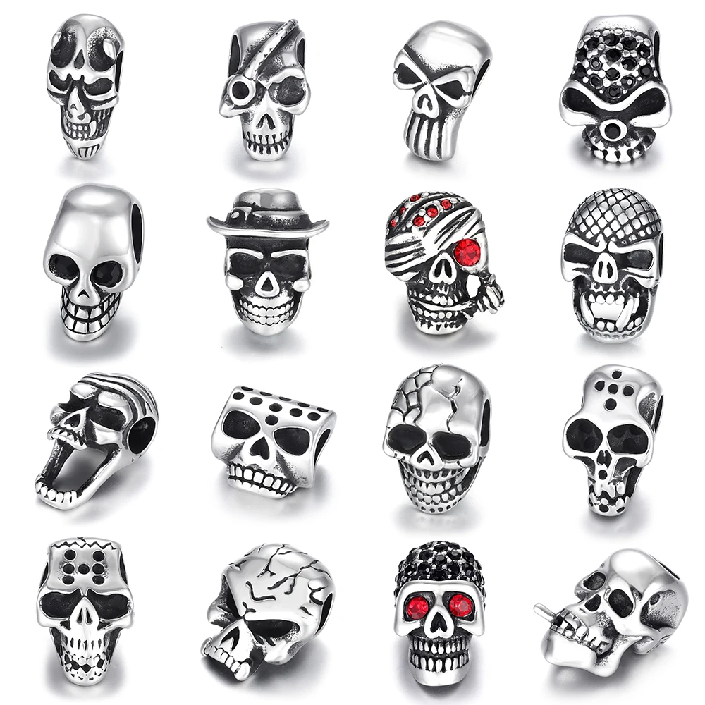 Stainless Steel Hole 6mm Paracord Knife Lanyard Beard Beads Large Slide Skull Charm Pendant DIY Making Handmade Bracelet