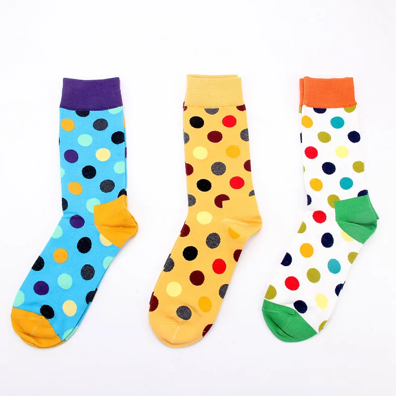 Men Socks Circle Point Colorful Fashion Hit Color Harajuku Happy Cotton Funny Skate Hip Hop Black Street Style Male Dress Socks