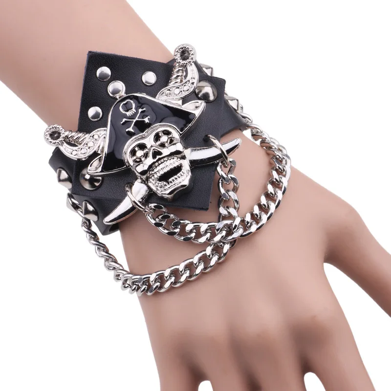 

Punk rock skull pirate rivet wide Genuine Leather Bracelet Men Stainlees Steel Cuff Bracelets & Bangles Male Jewelry Gifts