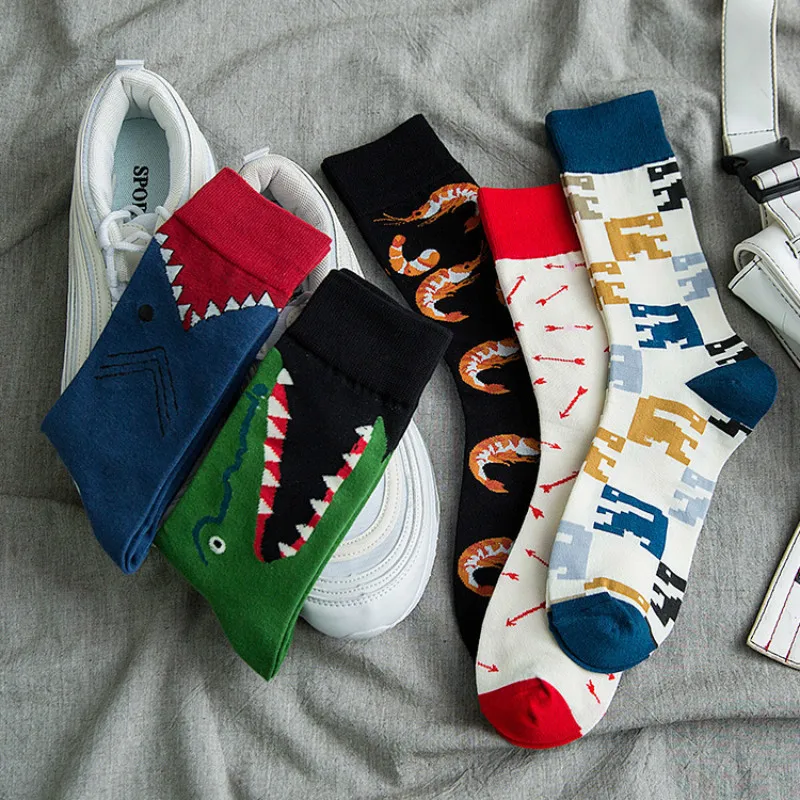 Men Socks Funny Cartoon Animal Crocodile Shrimps Square Arrows Happy Japanese Street Harajuku Hip Hop Female Hosiery Hipster