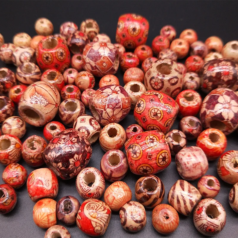 Multiple Styles Painted Drum Wood Beads Big Hole Beads For Charm Bracelet Jewelry Making Accessories DIY Beading