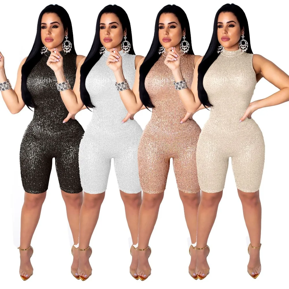 Skinny เลื่อม playsuits เซ็กซี่ rompers womens jumpsuit bodycon สีดำ Club Party เสื้อผ้า 2019