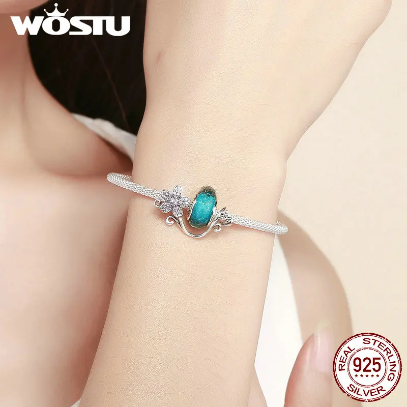 WOSTU 925 Sterling Silver Green Murano Beads Pink Flower Charm Bangles & Bracelet For Women Original Silver Jewelry Gift CQB822