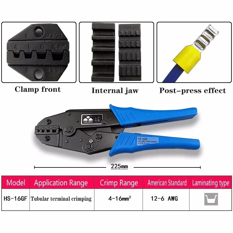 Free Shipping Hs-16gf 4,6,10,16mm 11-5awg Ratchet Crimping Plier(european Style) Electrical Terminals Crimper Tools Blue Handle