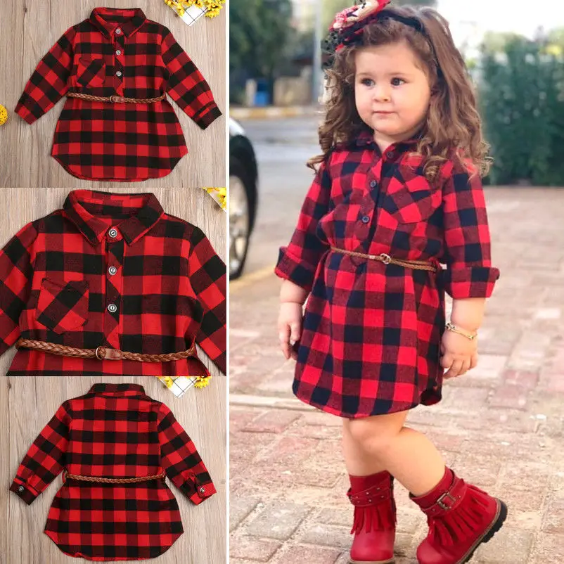 Christmas Dress	Baby Girl Clothes Red Plaid Princess Dress Costume	 + Belt 2pcs Newborn Toddler Kids Winter Spring Outfits 0-5T