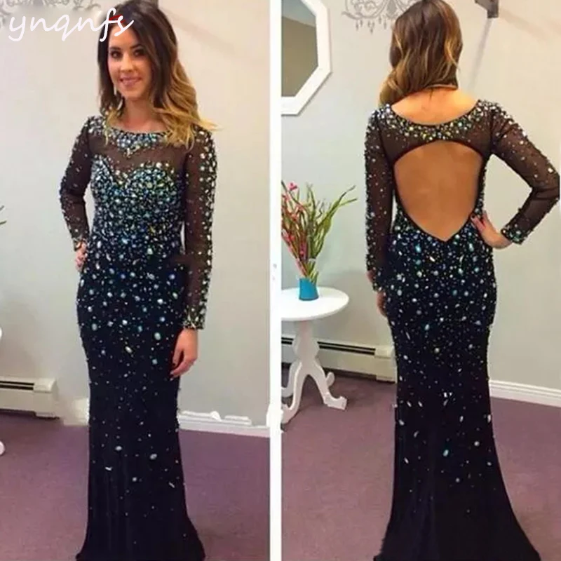 YNQNFS Elegant Mother of the Bride Dresses for Wedding Party Vestidos Velvet Long Sleeves Open Back Crystal Formal Dress MD354