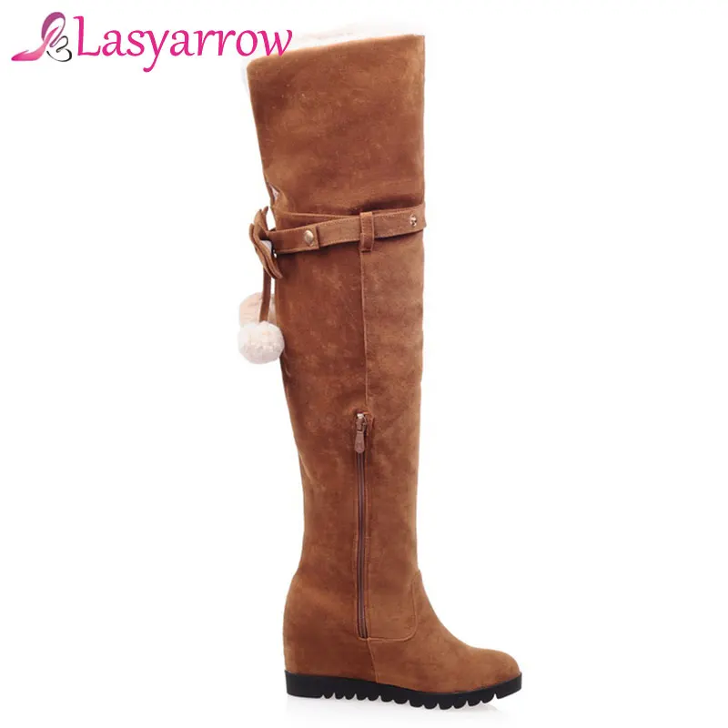 Lasyarrow Women\'s Thigh High Boots Ladies Footwear Height Increasing Round Platform Winter Snow Boots Fashion Over the Knee Boot