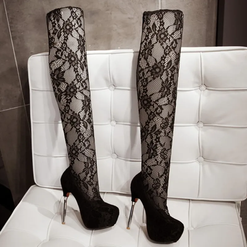 

Sexy Black Red Floral Lace Knee Boots Metal Stiletto High Heels Women Platform Slip On Ladies Night Club Lace Botas