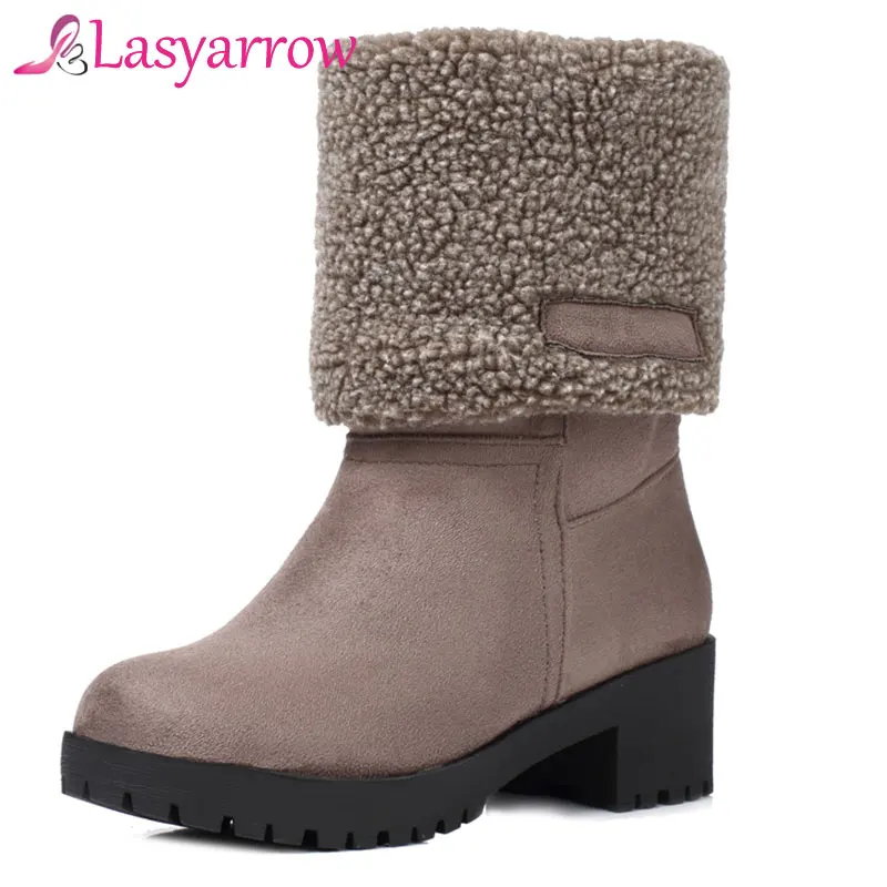 Lasyarrow Mid Calf Boots Women Block Heels Winter Warm Snow Boots Round Platform Casual Slip On Square Heel Martin Boots Female