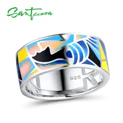 SANTUZZA Silver Rings for Women Pure 925 Sterling Silver Classical Face HANDMADE Colorful Enamel Ring Party Fashion Jewelry