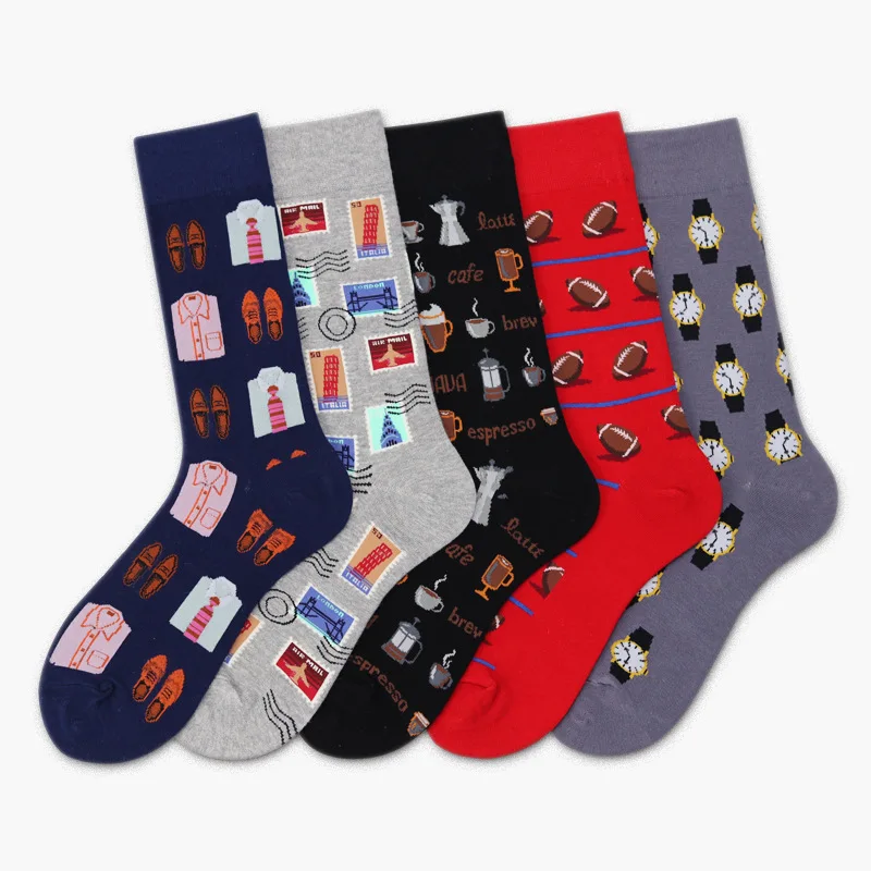 Cartoon Costume Stamp Coffee Watch Personality Happy Men Dress Sock Harajuku Hip Hop Funny Casual Ventilation Cotton Sock Autumn