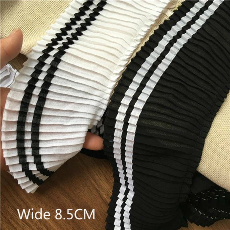 Wide 8.5CM College Style White Black Elastic Pleated Chiffon Sewing tulle Lace Ribbon Edge Trim For Dress Cloth DIY Supplies