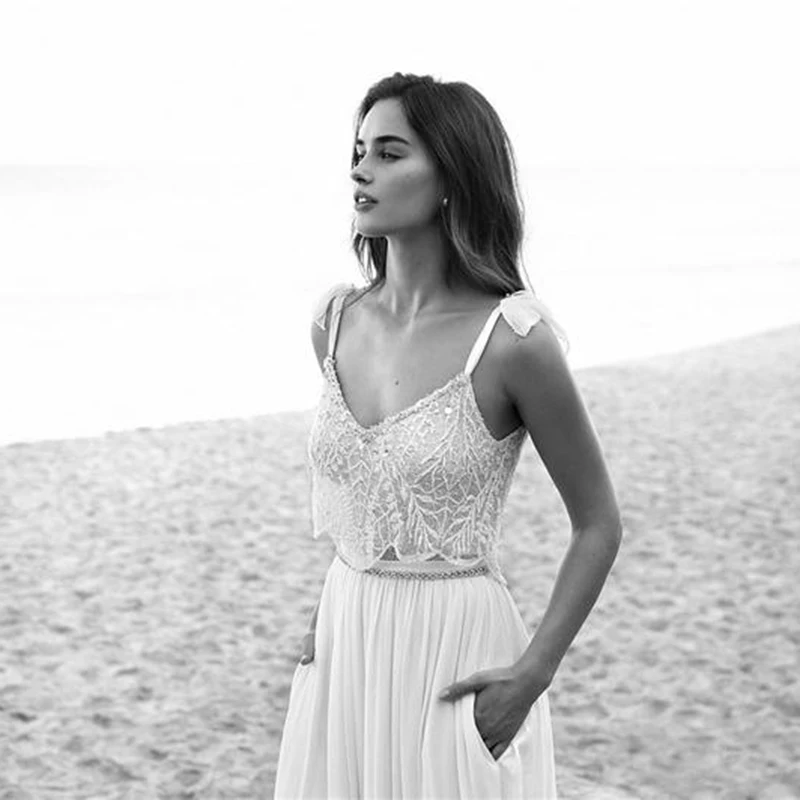 Smileven 2 Piece Lace Boho Wedding Dress 2020 Spaghetti Neck Beads Backless Bride Gowns Sweep Train Beach Chiffon Wedding Dress