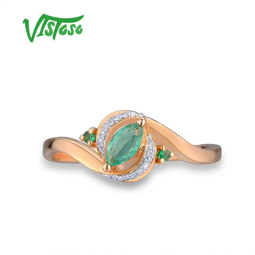 VISTOSO Gold Rings For Women Genuine 14K 585 Rose Gold Ring Magic Emerald Sparkling Diamond Engagement Anniversary Fine Jewelry