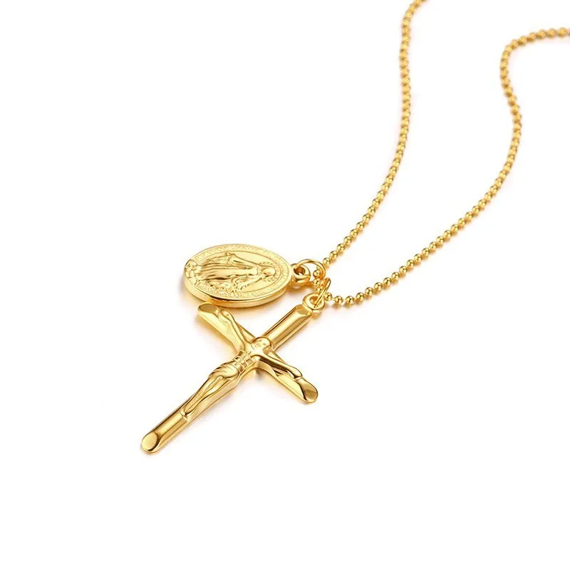 Virgin Mary Miraculous Medal Cross Charm Pendant Necklace for Women Stainless Steel Women Religious Jewelery
