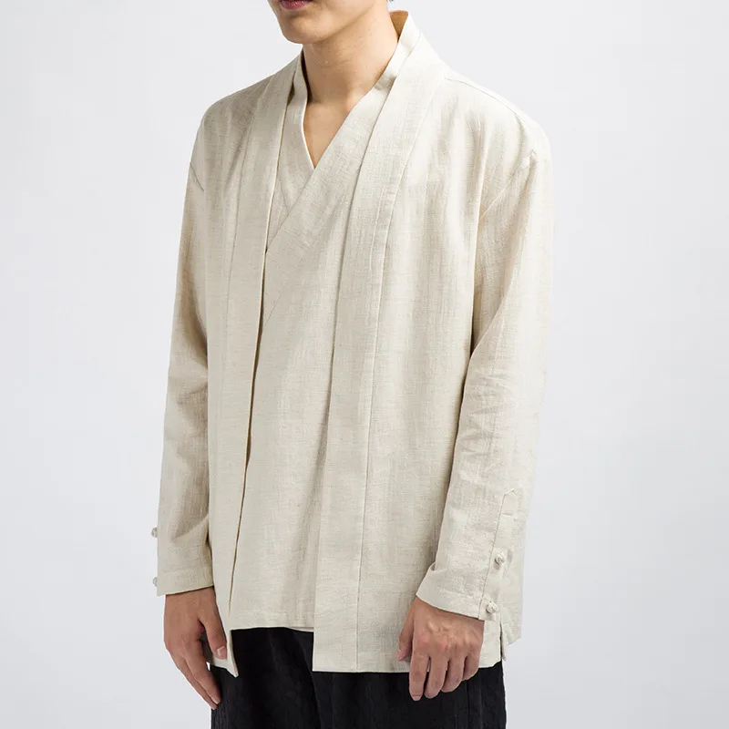 #4220 Casual Vintage Fake Two Piece V-neck Cotton Linen Coat Kimono Jacket Men Chinese Style Loose Plus Size 4XL White/Black