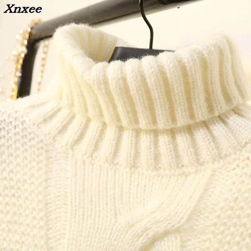 Xnxee-suéteres de estilo coreano para mujer, Jersey grueso de cuello alto, ropa corta de viento perezoso, Tops de color Beige y marrón, Otoño e Invierno