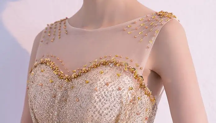 BANVASAC Pearls O Neck 2019 Gold Sequined A Line Long Evening Dresses Elegant Illusion Zipper Back Party Prom Gowns