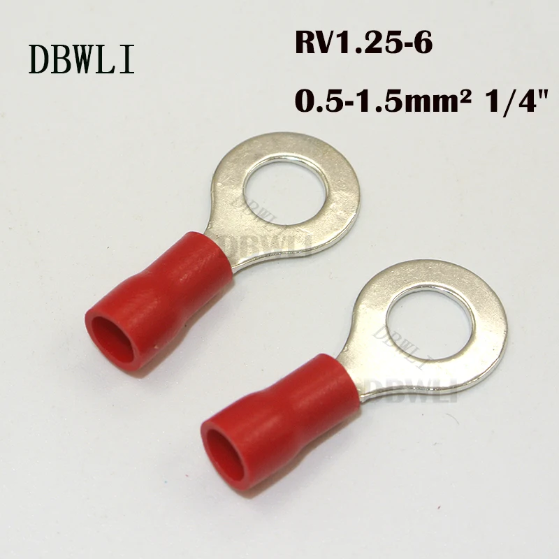 50PCS RV1.25-6 RV2-6 RV3.5-6 RV5.5-6 1/4 Ring insulated terminal Cable Wire Connector Electrical Crimp Terminal