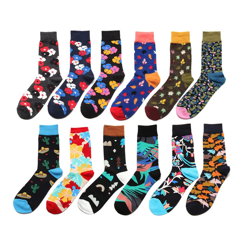 

New Colorful Plants Floral Printed Men Crew Socks Happy Sock Casual Harajuku Dress Business Skate Cotton Calcetines Hombre