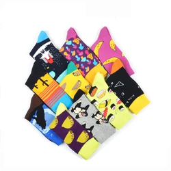 Men Socks Funny Cartoon Flamingo Dog Guitar Hamburger Leopard Print Stripe Happy Skate Harajuku Street Style Hip Hop Cotton Sock