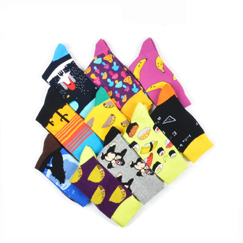 Men Socks Funny Cartoon Flamingo Dog Guitar Hamburger Leopard Print Stripe Happy Skate Harajuku Street Style Hip Hop Cotton Sock