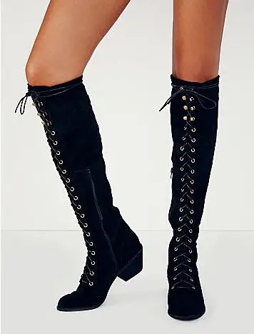 Hot Selling Red Women High Boots Round Toe Lace-up Front Low Chunky Heels Knee High Boots Ladies Ridding Boots Plus Size 10