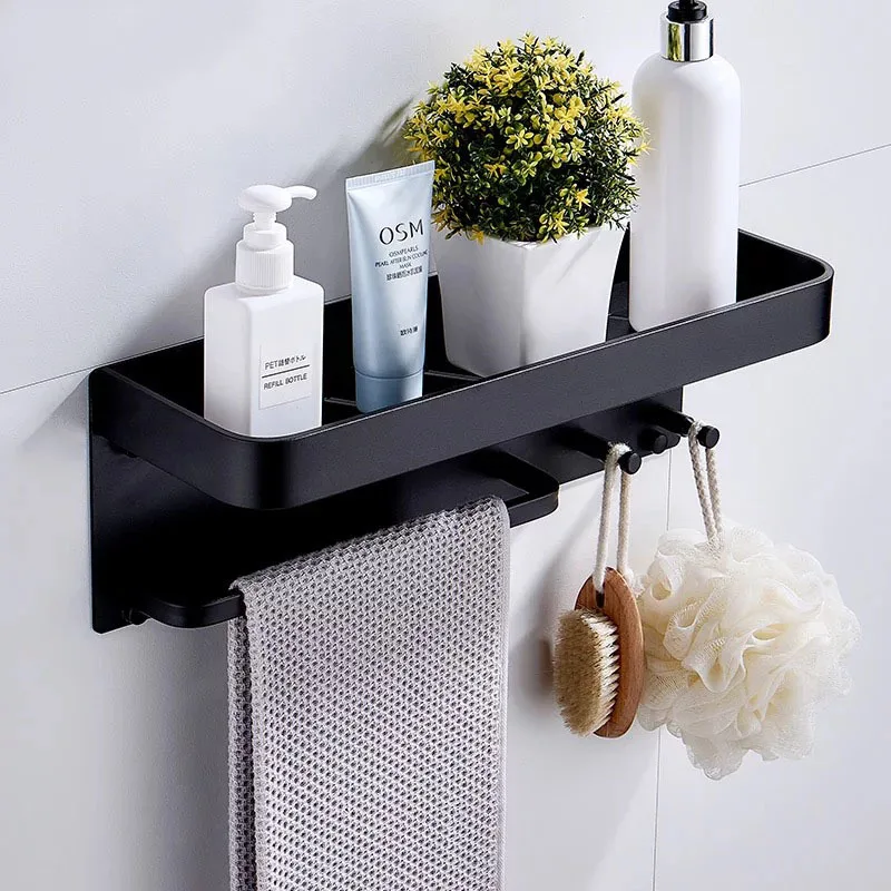 Nail Free Black Space Aluminum Bathroom Shelves With Hooks Wall Mount Bathroom Shelf Bath Storage Rack Hook Easy To Install D