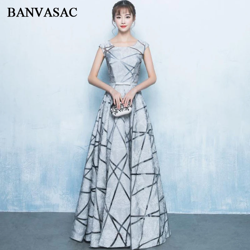 BANVASAC Elegante O Pescoço Stripes Padrão UMA Linha Longa Noite Vestidos de Festa Cap Manga Curta Bow Sash Prom Vestidos