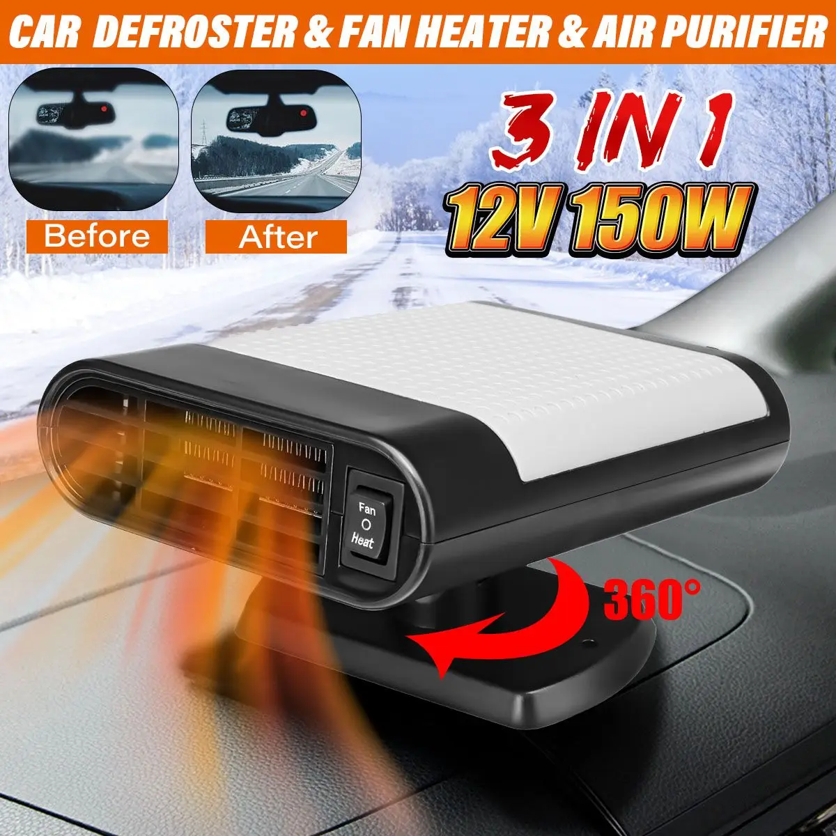 

3 in 1 Car Heater Heating Fan 12V 150W Heated Windshield Defroster Demister Dryer Heater Car Air Purification For Auto Vehicle