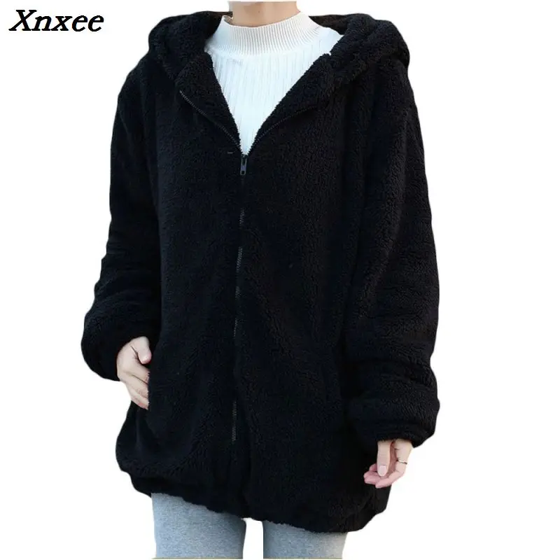 Hot Sale Women Hoodies Zipper Girl  Winter Loose Fluffy Bear Ear Hoodie Hooded Jacket Warm Outerwear Coat Cute Sweatshirt Hoody