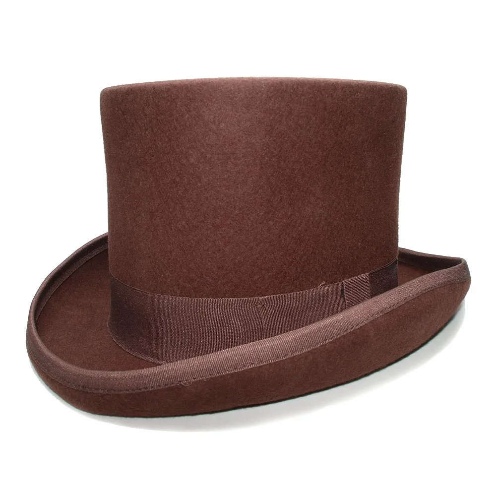 13cm Height Retro Women\'s Men\'s Brown Color Top Round Flat Top Wool 100% Vintage Magician President Lincoln Gentleman Bowler Hat