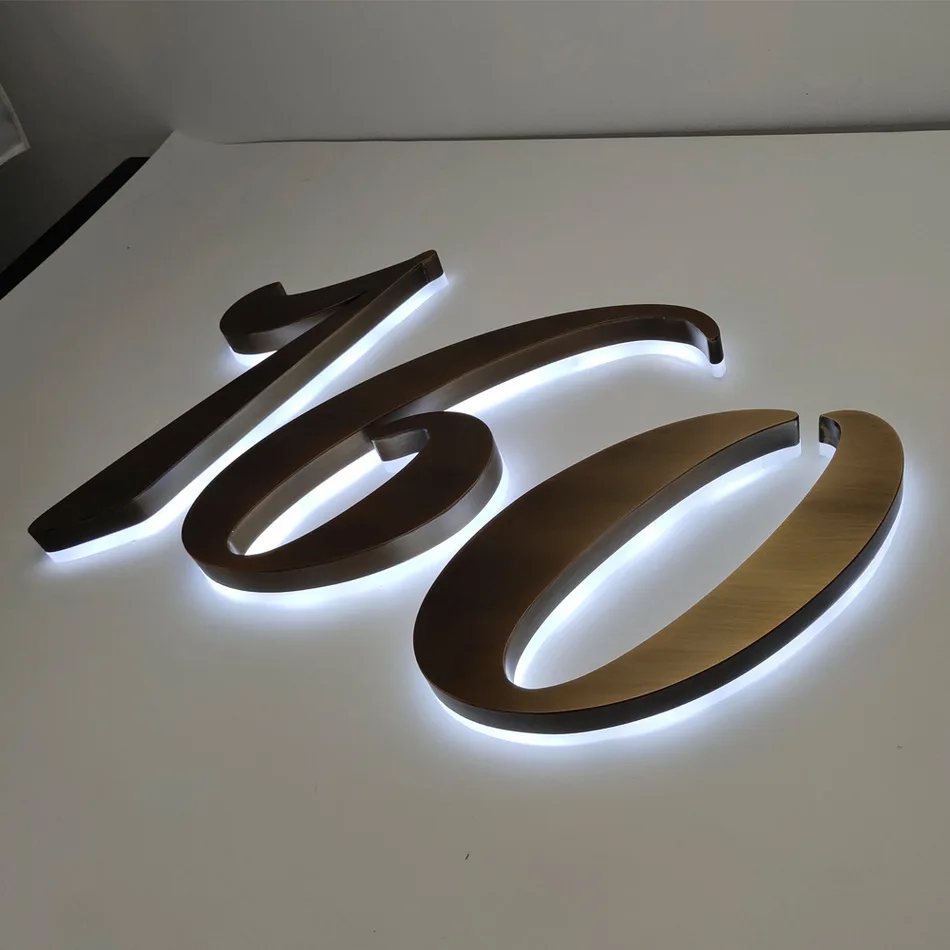 Señal de logotipo de construcción led, 35cm, aluminio, acero inoxidable, metal, acrílico, bronce, halo sólido, li