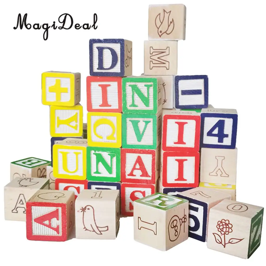 Children 50 Pieces Colorful Printed Wooden A~Z Letters Numbers Cube Blocks Stacking Game Kids Developmental Cognitive Toy