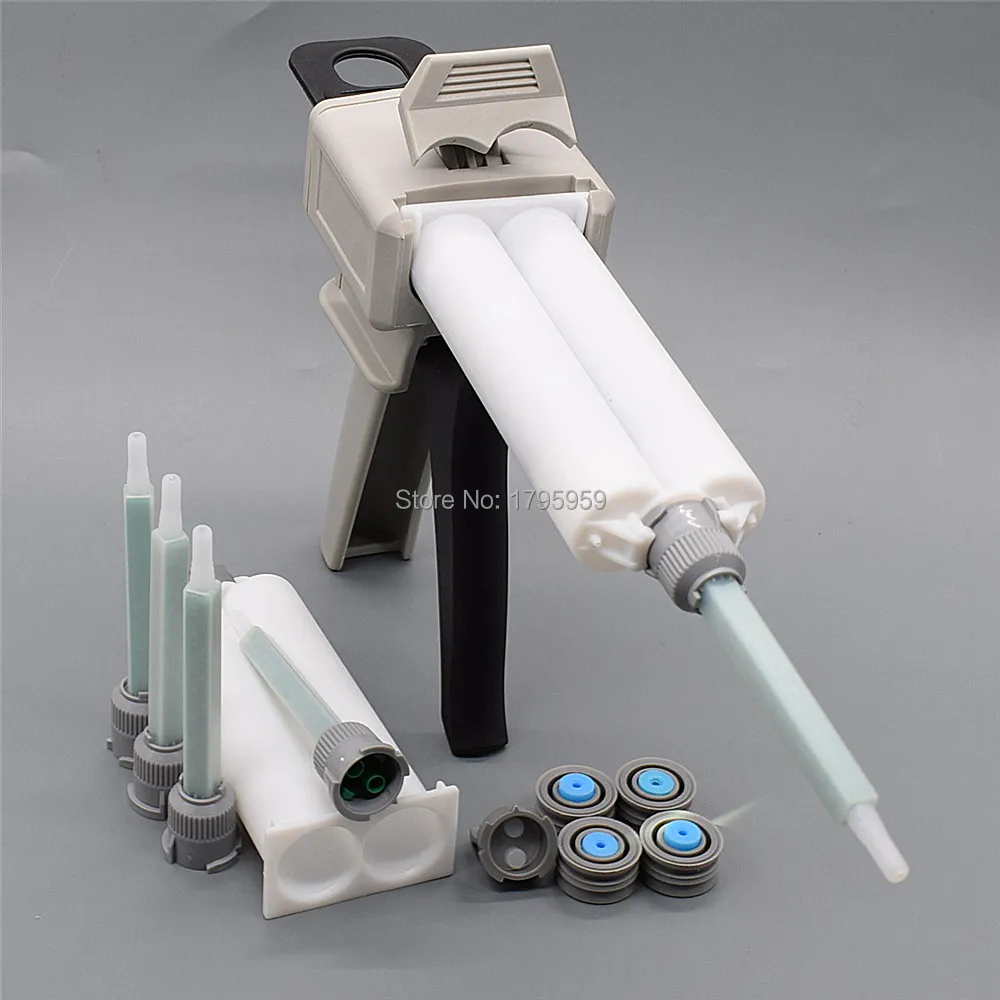 50ml AB colla per pistola per colla 1:1 pistola per calafataggio manuale adesiva con 2 pezzi 50ml 1:1 cartuccia vuota a doppio barilotto e 5 pezzi 1:1 ugello di miscelazione