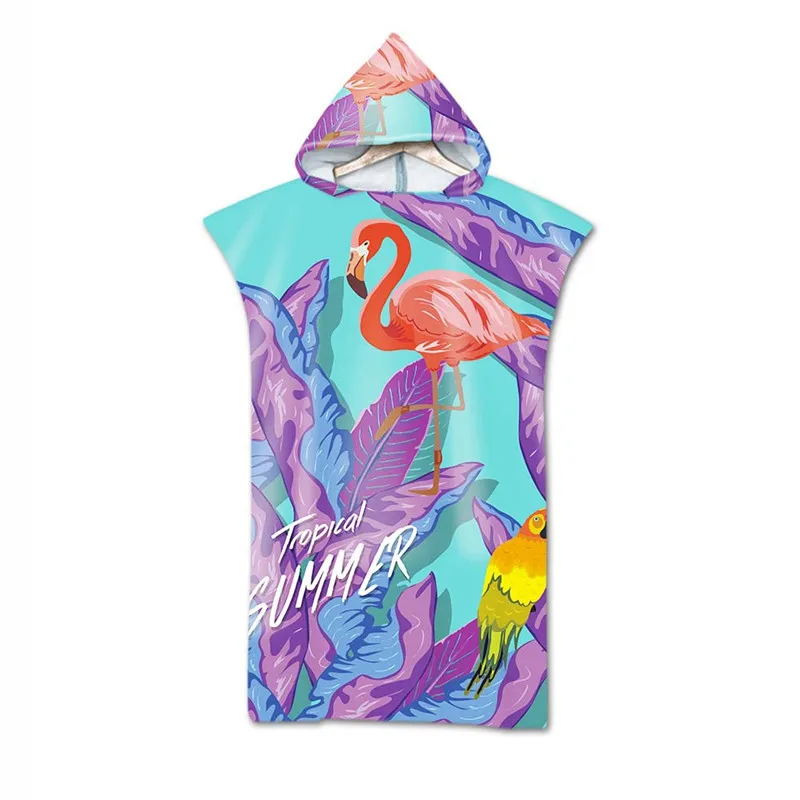 Flamingo Parrot Printed Hooded Bath Towel Microfiber for Man Woman Poncho Adults Wearable Swim Beach Towel Bathrobe strandlaken